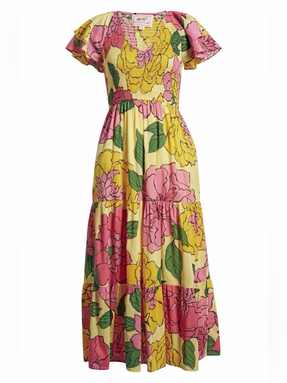 Banjanan Yellow Floral Maxi Dress with Pink & Green Blooms - Picture 2 of 5